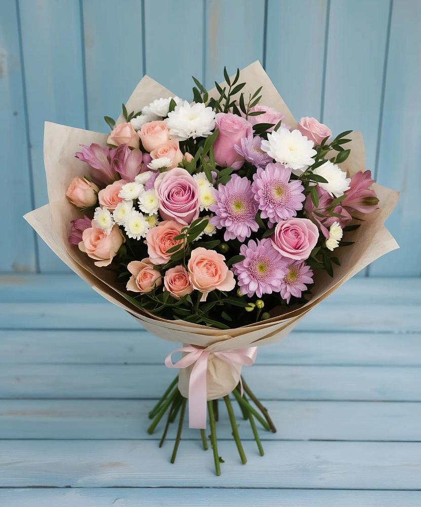 Букет цветов из: Хризантемы, Розы и Альстромерии в Тимохово