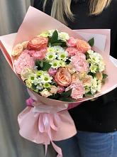 Букет нежные объятья в Тимохово Букет цветов из: Гвоздики, Розы и Хризантемы в Тимохово