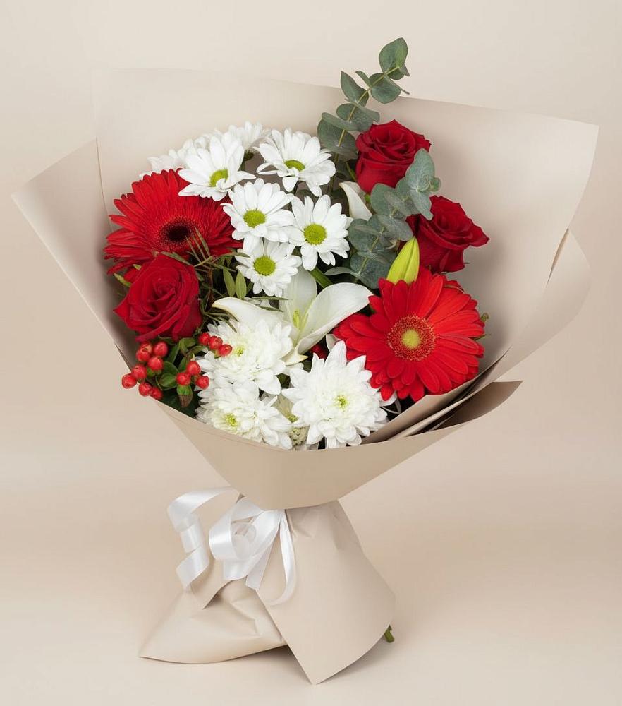 Букет цветов из: Розы, Хризантемы, Герберы и Лилии в Тимохово