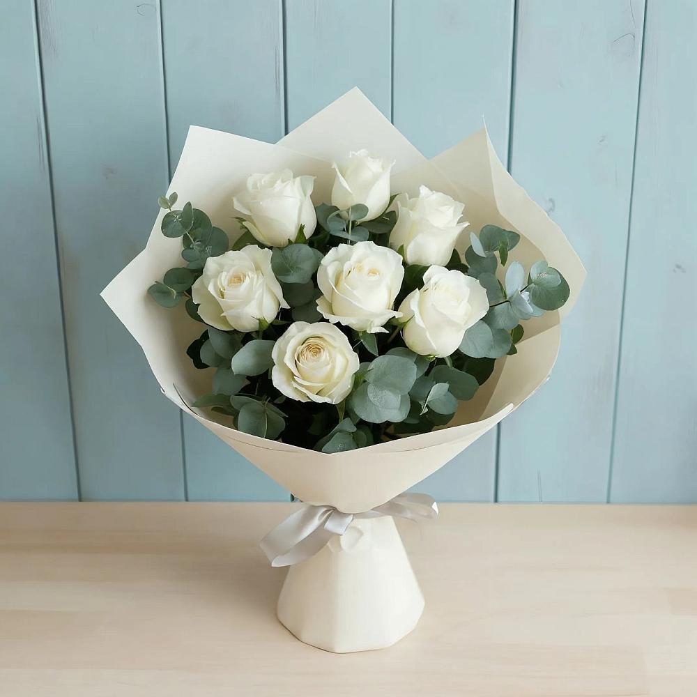 Букет Белые розы в Эвкалипте в Тимохово