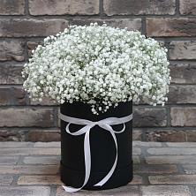 Цветочная композиция из Гипсофила в шляпной коробке в Тимохово