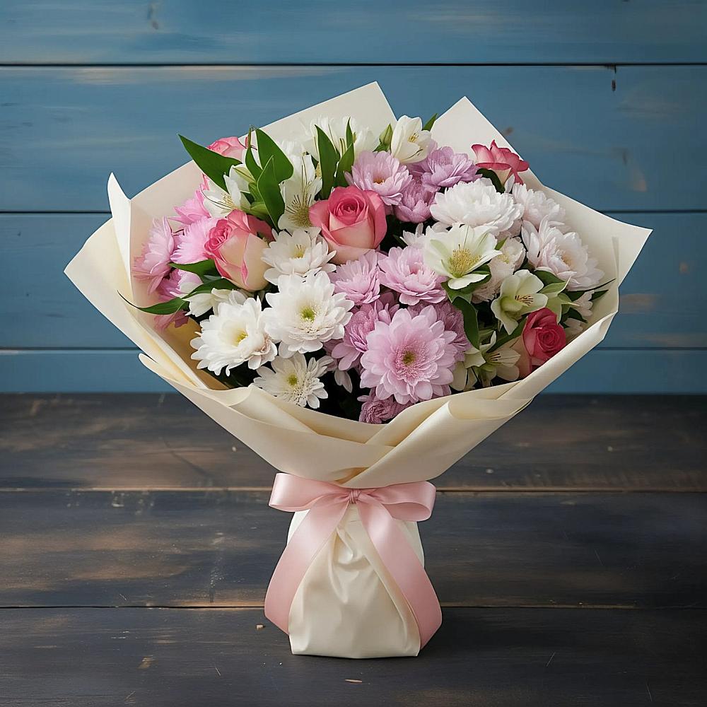 Букет цветов из: Хризантемы, Альстромерии и Розы в Тимохово